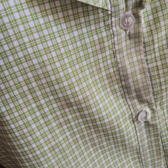 Large Vintage Green Plaid Short-Sleeve Ruffle Blouse Top With High Collar 1970's - Picture 5 of 7